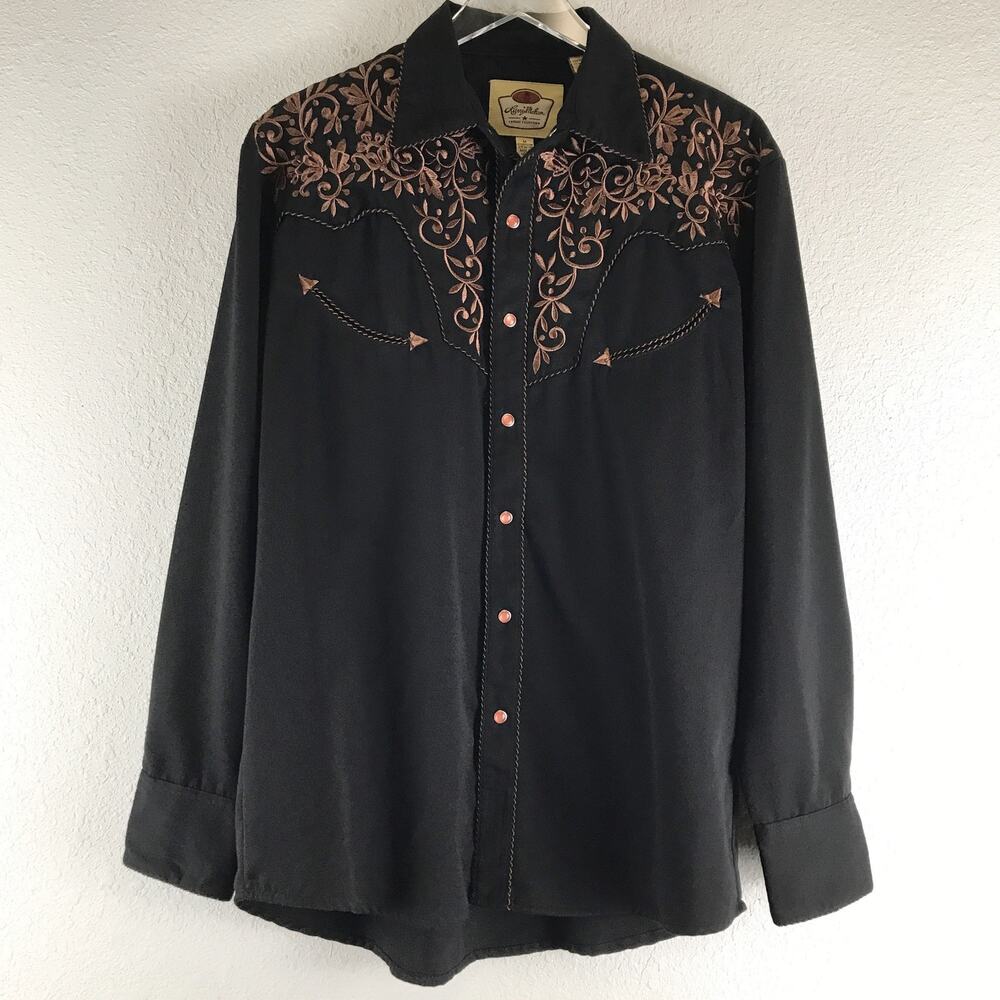 Larry Mahan Cowboy Country Western Embroidered Rose Gold Pearl Snap Button Shirt